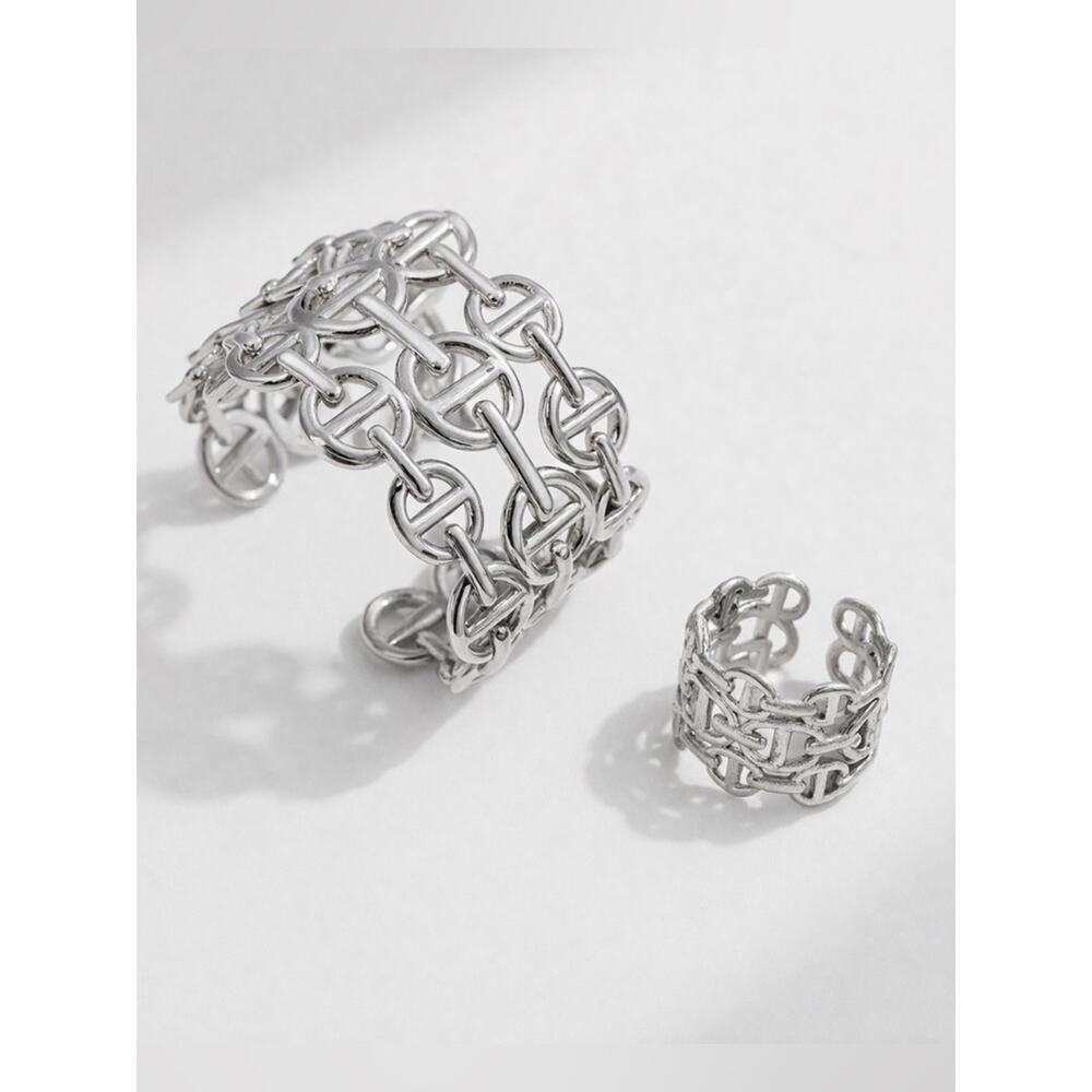 Silver Mariner Pignose Link Chain Open Cuff Bangle Ring Bracelet Set - Picture 6 of 8